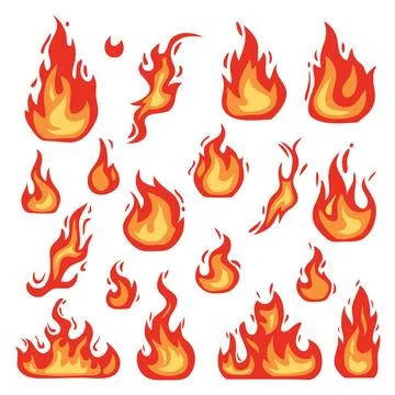 Set of burning fire or flame vector illustrations . Yellow burn power fiery.. Stock Illustration