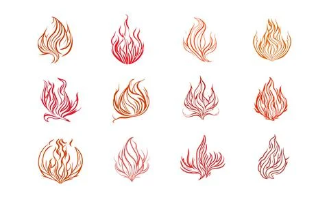Set of burning flame, fire and bonfire in red, orange and yellow colors. Ve.. Illustrazione stock