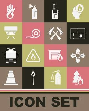 Set Burning forest tree, Firefighter, Evacuation plan, Walkie talkie, hose reel Stock Illustration