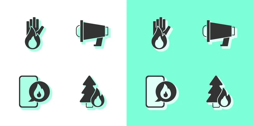 Set Burning forest tree, No fire, Phone with emergency call 911 and Megaphone Stock-Illustration