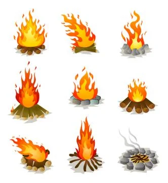 Set of burning hot campfire with tree wood and stones Illustrazione stock