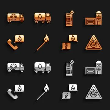 Set Burning match with fire, Building of station, Fire flame triangle, Phone Ilustración de archivo