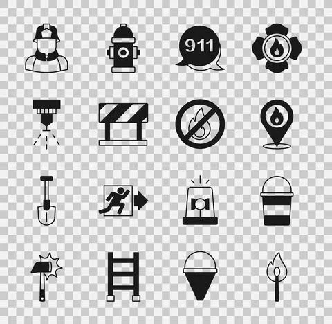 Set Burning match with fire, Fire bucket, Location flame, Emergency call 911 Illustration