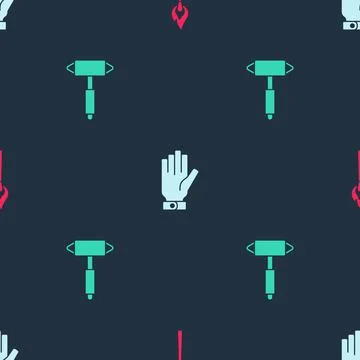 Set Burning match with fire, Firefighter gloves and axe on seamless pattern Illustrazione stock