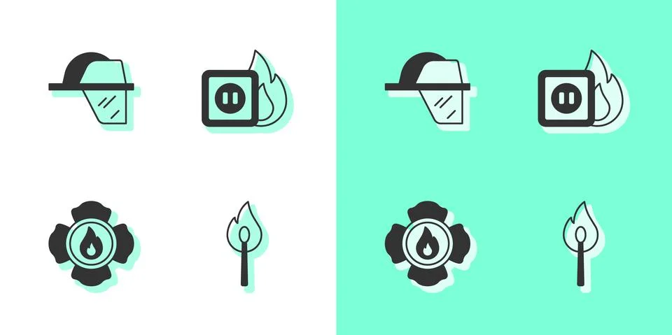 Set Burning match with fire, Firefighter helmet, and Electric wiring of socket Stock Illustration