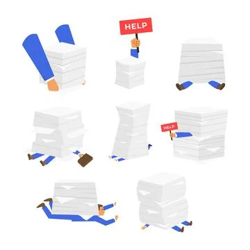 Set of Burnout Businessman Under Stack of Paper Set Collection, Overworked .. Stock Illustration