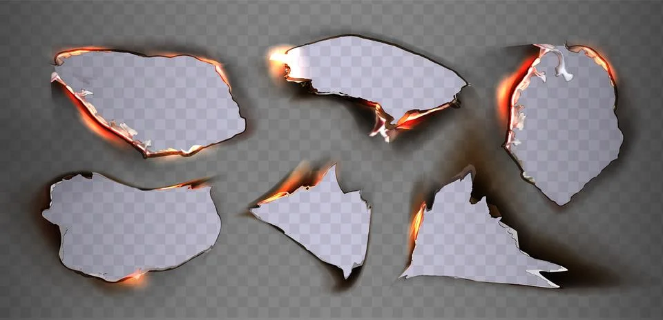 Set of burnt paper hole frames with fire Illustrazione stock