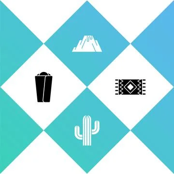 Set Burrito, Cactus, Volcano eruption with lava and Mexican carpet icon. Vector Stock Illustration