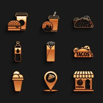 Set Burrito, Location with slice pizza, Pizzeria building facade, Taco tortilla Ilustración de archivo