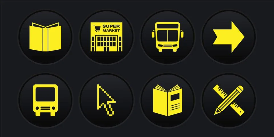 Set Bus, Arrow, Pixel arrow cursor, Open book, Supermarket building, Crossed Stock Illustration