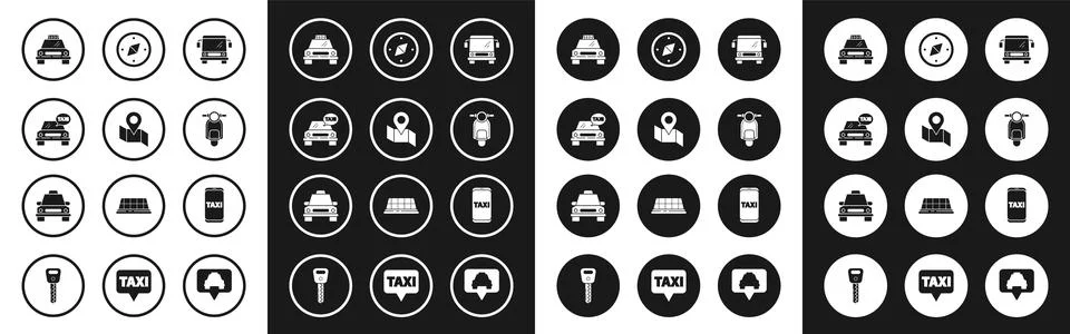 Set Bus, Folded map with location marker, Taxi car, Scooter, Compass, call .. Stock Illustration