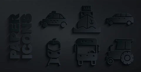 Set Bus, Hatchback car, Train and railway, Tractor, Cargo ship and Taxi icon Stock Illustration