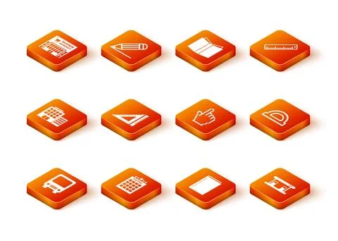 Set Bus, Hotel building, Triangular ruler, Book, Pixel hand cursor, Gas filling Stock Illustration