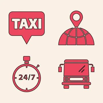 Set Bus, Map pointer with taxi, Location on the globe and Stopwatch 24 hour.. 库存插图
