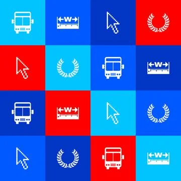 Set Bus, Measuring height and length, Pixel arrow cursor and Laurel wreath icon Stock Illustration