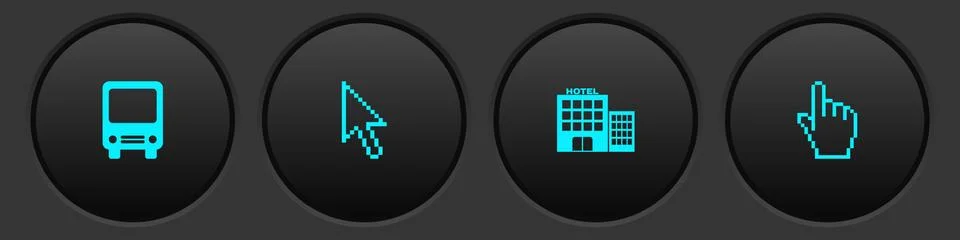 Set Bus, Pixel arrow cursor, Hotel building and hand icon. Vector Stock Illustration