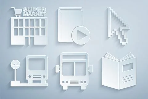 Set Bus, Pixel arrow cursor, stop, Open book, Audio and Supermarket building Illustrazione stock