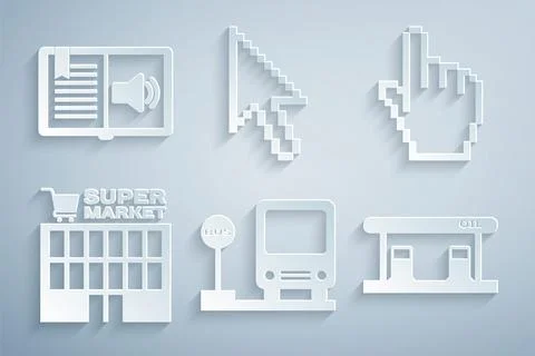 Set Bus stop, Pixel hand cursor, Supermarket building, Gas filling station Stock Illustration