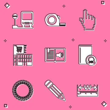 Set Bus stop, Roulette construction, Pixel hand cursor, Mall supermarket Ilustración de archivo