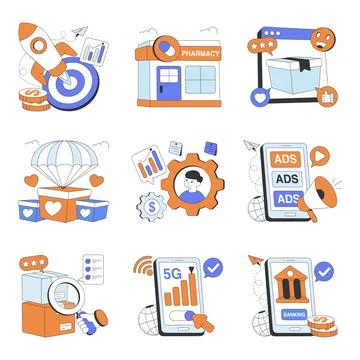 Set of Business and Advertisement Flat Illustrations Stock Illustration