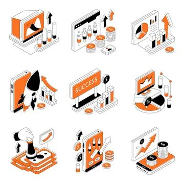 Set of Business and Analytics Isometric Illustrations Stock Illustration