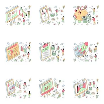 Set of Business and Analytics Isometric Illustrations Stock Illustration
