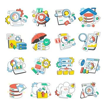Set of Business and Data Doodle Icons 스톡 일러스트