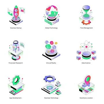 Set of Business and Development Isometric Icons Ilustração Stock