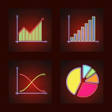 Set of business and statistical graphs in glowing neon - bar, line graphs and Stock Illustration