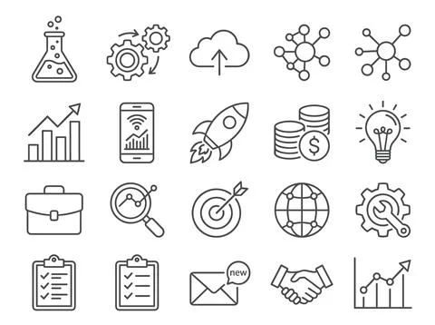 Set of business and technology line icons representing growth, finance, inn.. Stock Illustration