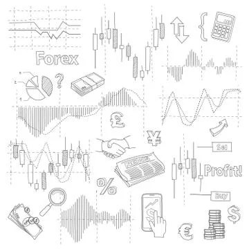 Set of business doodle elements. Forex market hand drawn illustration vector Stock Illustration