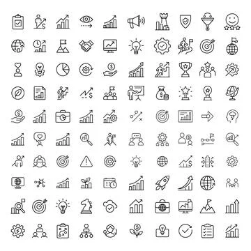 Set of business growth vector line icons contains such icons as target char.. Stock Illustration