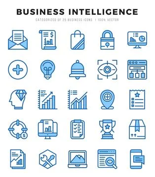 Set of Business Intelligence Icons. Simple Two Color art style icons pack. Illustrazione stock