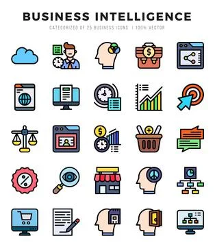 Set of Business Intelligence Icons. Simple Lineal Color art style icons pack. Stock Illustration