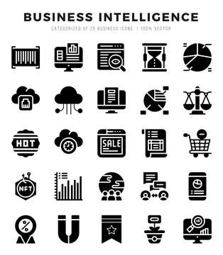 Set of Business Intelligence Icons. Simple Glyph art style icons pack. Stock Illustration