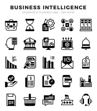 Set of Business Intelligence Icons. Simple line art style icons pack. Illustrazione stock