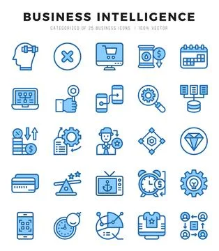 Set of Business Intelligence Icons. Simple line art style icons pack. Stock Illustration