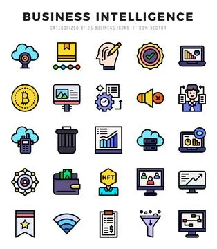 Set of Business Intelligence Icons. Simple line art style icons pack. Stock Illustration