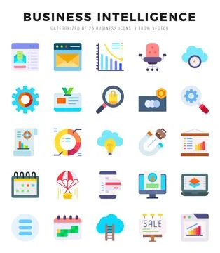 Set of Business Intelligence Icons. Simple Flat art style icons pack. Vecto.. Stock Illustration