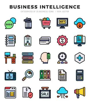 Set of Business Intelligence Icons. Simple line art style icons pack. Stock Illustration