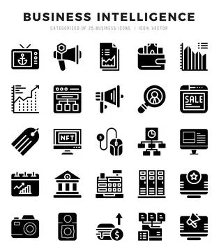 Set of Business Intelligence Icons. Simple Glyph art style icons pack. 库存插图
