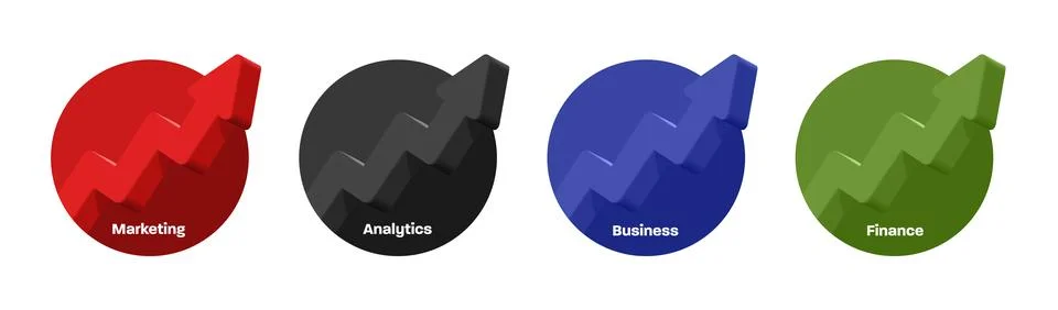Set of business labels, circle with 3d arrows pop up from it in different col Stock Illustration