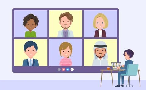 A set of business man having a video chat with multiple people Stock Illustration