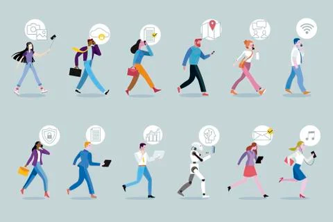 Set of business people walking using their mobile devices Stock Illustration