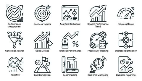 Set of business performance analytics icons isolated on white background Иллюстрация