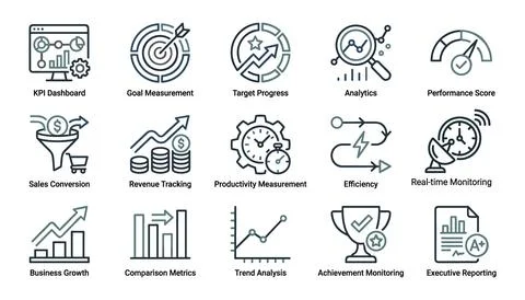Set of business performance tracking icons and illustrations Иллюстрация