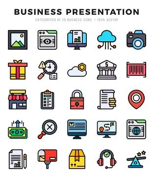 Set of Business Presentation Icons. Simple line art style icons pack. Ilustração Stock