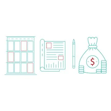 Set of business theme icons. Vector illustration of bag with money, notebook  Ilustración de archivo