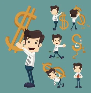 Set of businessman with dollar sign characters poses Stock Illustration