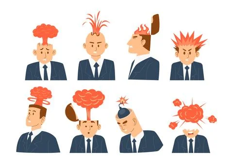 Set of Businessman with Exploded Head Brain Set Collection, Stressed busine.. Stock Illustration